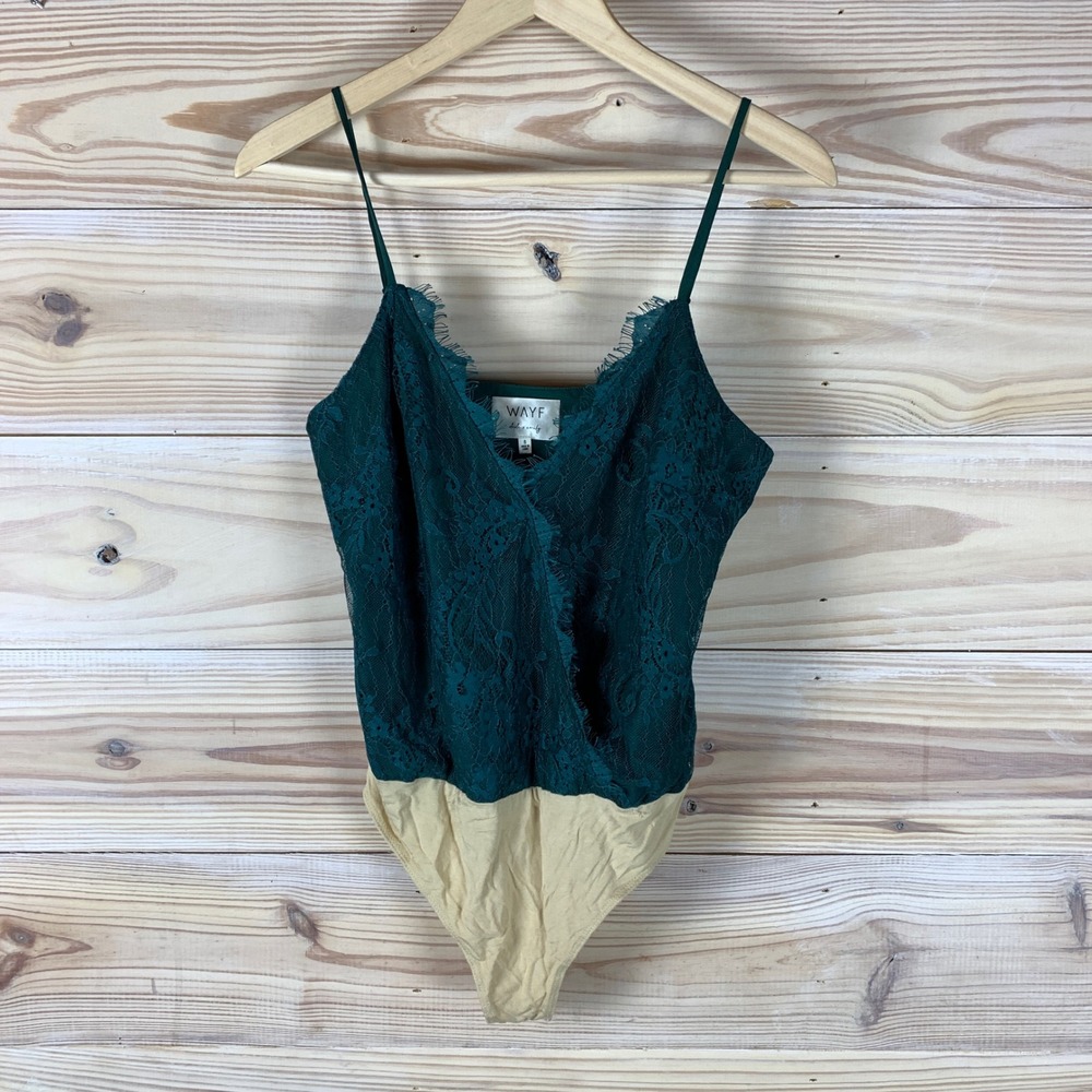 WAYF Bodysuit Womens Small Green Lace Dede x Emily Surplice V-Neck Eyelash Trim